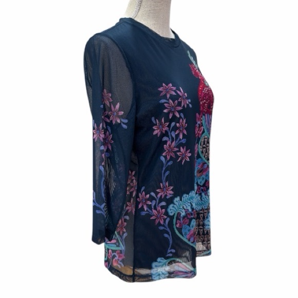 Jade Johnny Was Natalie 3/4 Sleeve Mesh Top with Peacock Floral Blouse Navy Sz L - Picture 3 of 9